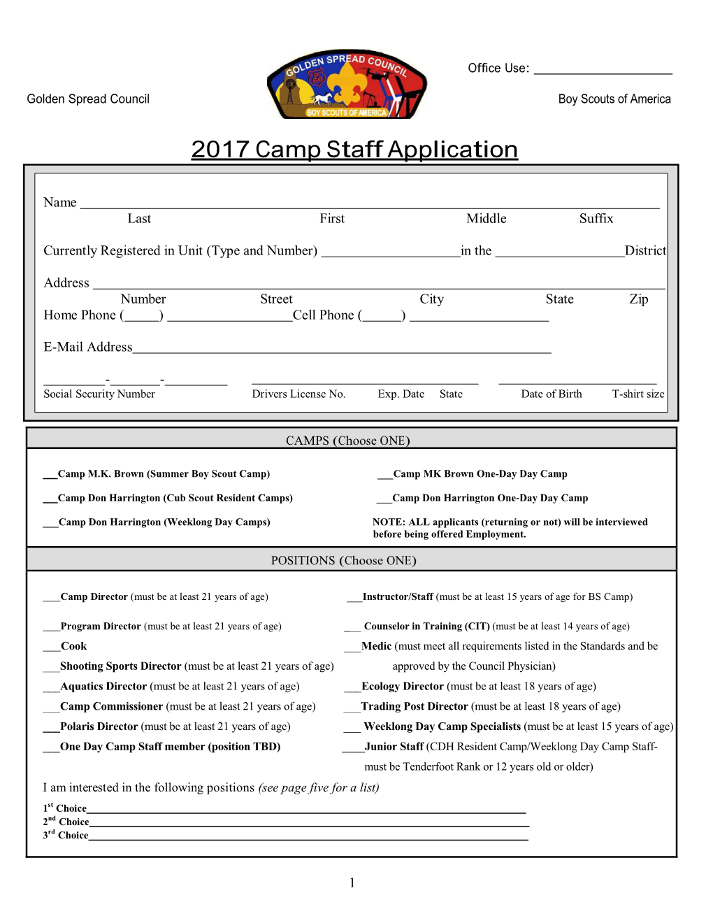 2017 Camp Staff Application