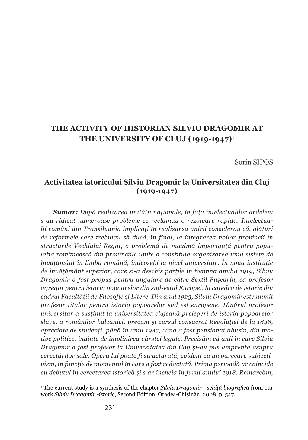 The Activity of Historian Silviu Dragomir at the University of Cluj (1919-1947)1