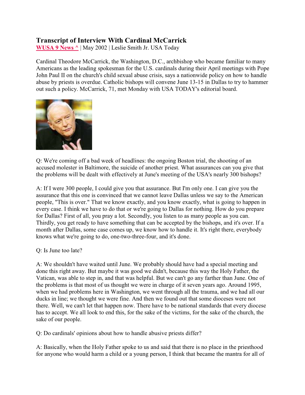 Transcript of Interview with Cardinal Mccarrick WUSA 9 News ^ | May 2002 | Leslie Smith Jr