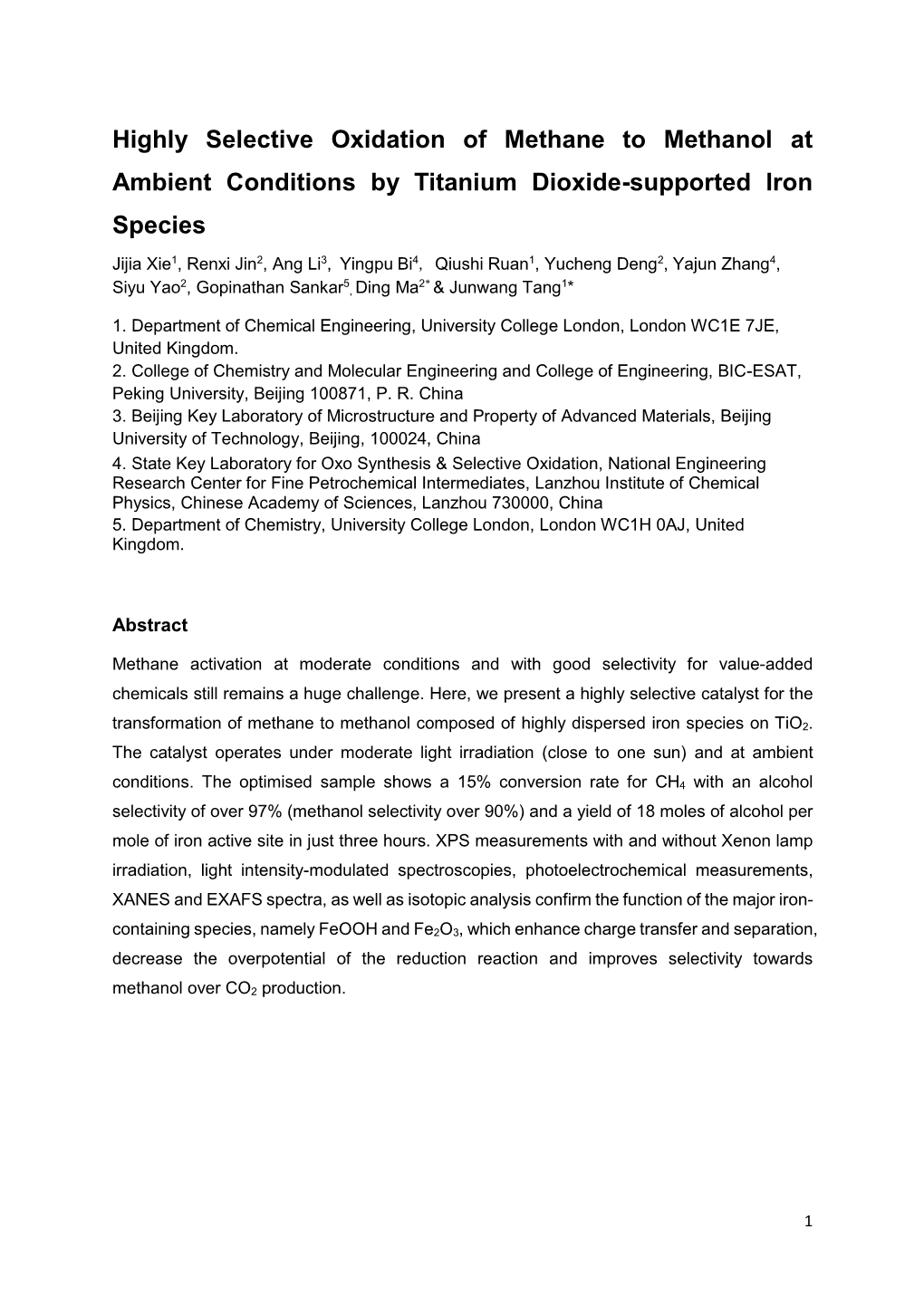 Highly Selective Oxidation of Methane to Methanol at Ambient Conditions by Titanium Dioxide-Supported Iron Species