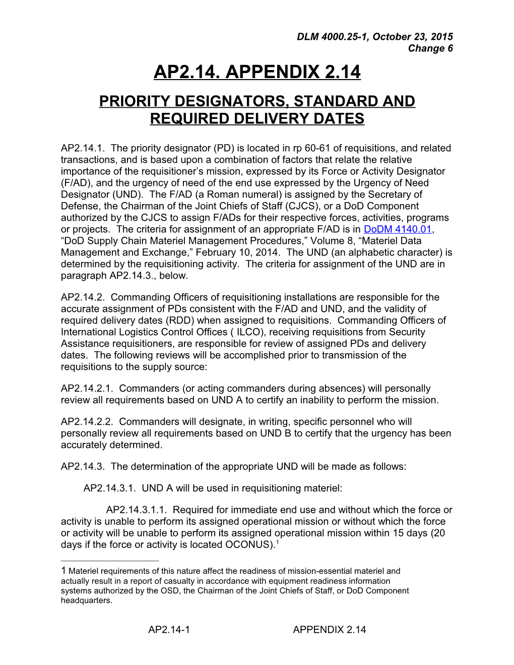 Appendix 2.14 - Priority Designators, Standard and Required Delivery Dates