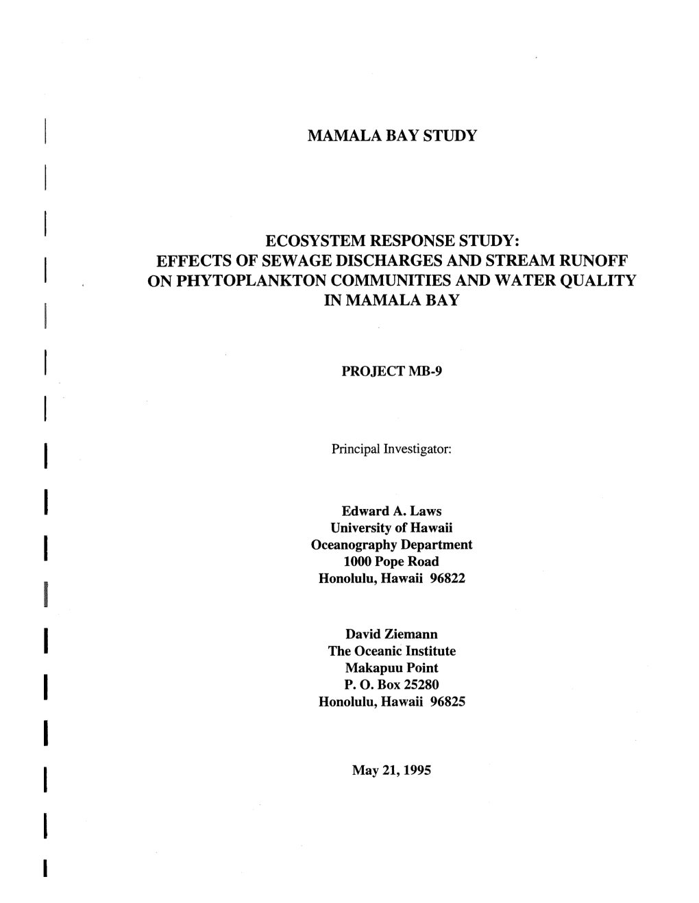 Mamala Bay Study Ecosystem Response Study