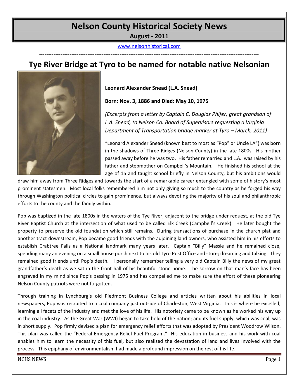 Nelson County Historical Society News August - 2011 ------Tye River Bridge at Tyro to Be Named for Notable Native Nelsonian