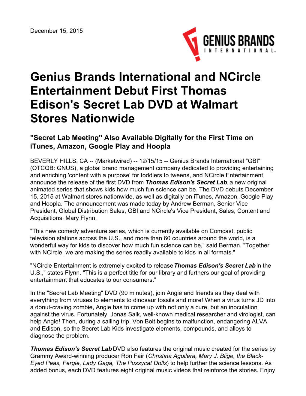 Genius Brands International and Ncircle Entertainment Debut First Thomas Edison's Secret Lab DVD at Walmart Stores Nationwide