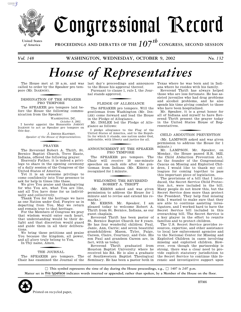 Congressional Record United States Th of America PROCEEDINGS and DEBATES of the 107 CONGRESS, SECOND SESSION