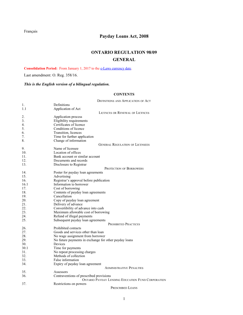 Payday Loans Act, 2008 - O. Reg. 98/09