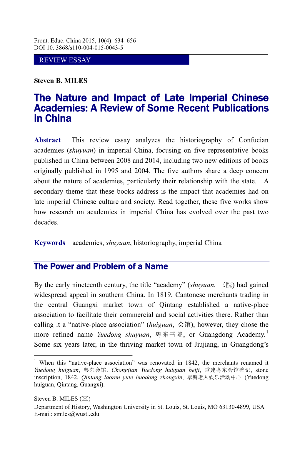 The Nature and Impact of Late Imperial Chinese Academies: a Review of Some Recent Publications in China