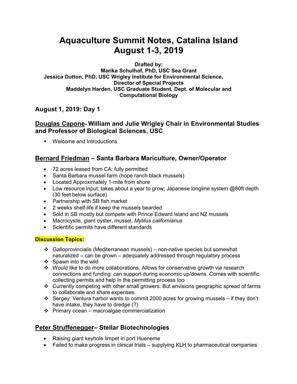 Aquaculture Summit Notes, Catalina Island August 1-3, 2019