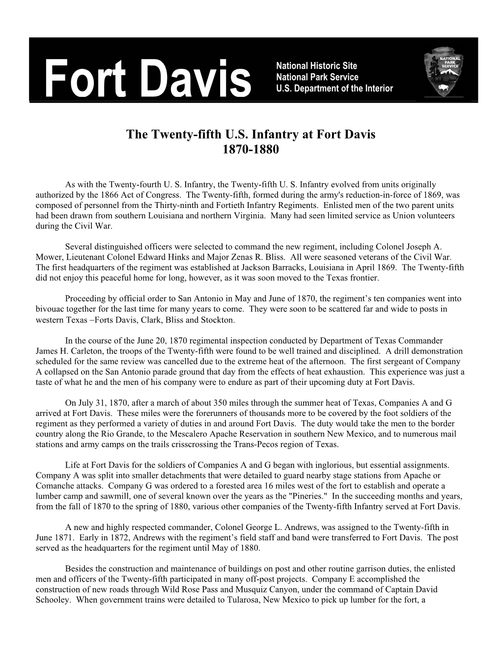 The Twenty-Fifth US Infantry at Fort Davis 1870-1880