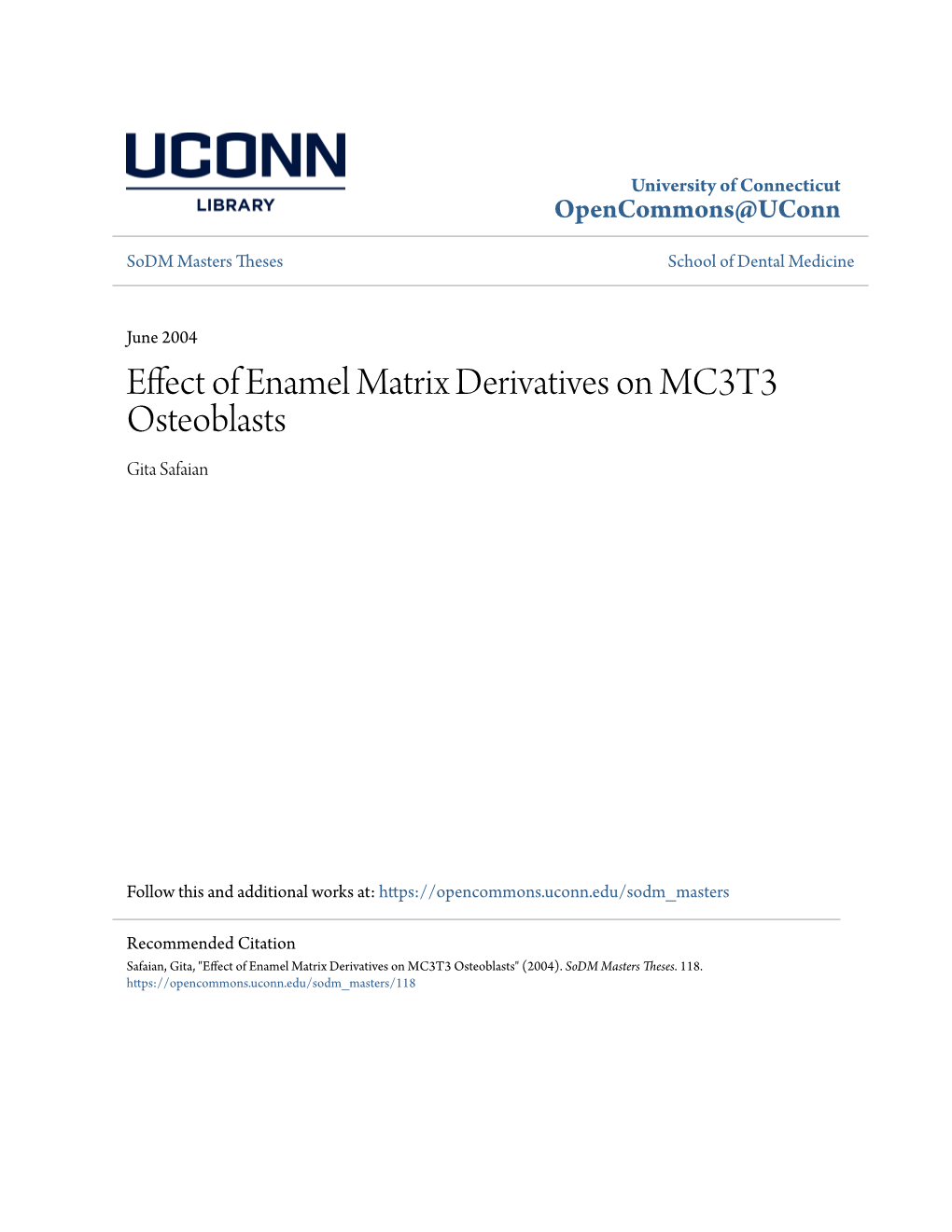 Effect of Enamel Matrix Derivatives on MC3T3 Osteoblasts Gita Safaian