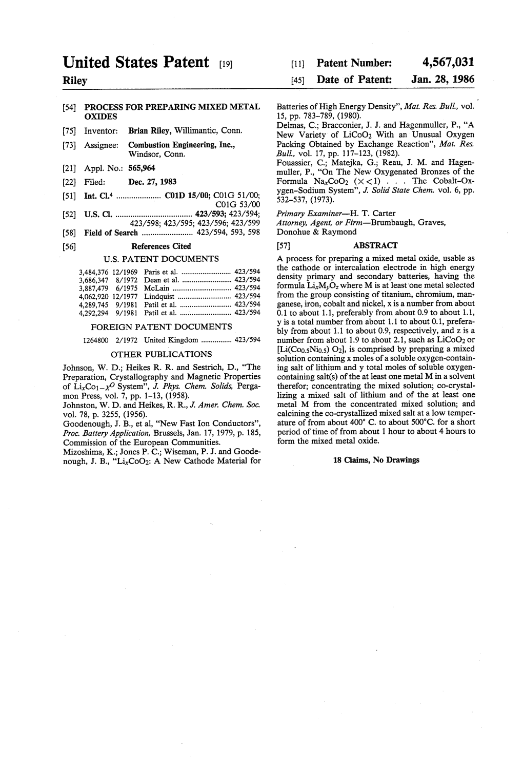 United States Patent (19) 11 Patent Number: 4,567,031 Riley 45 Date of Patent: Jan