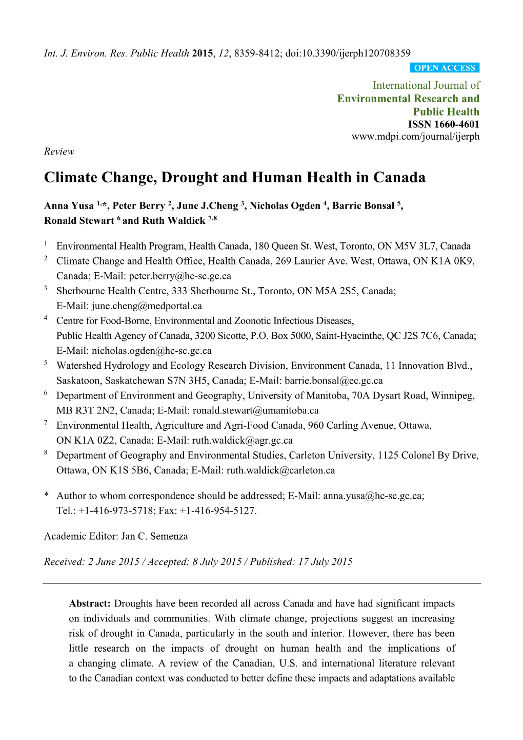 Climate Change, Drought and Human Health in Canada