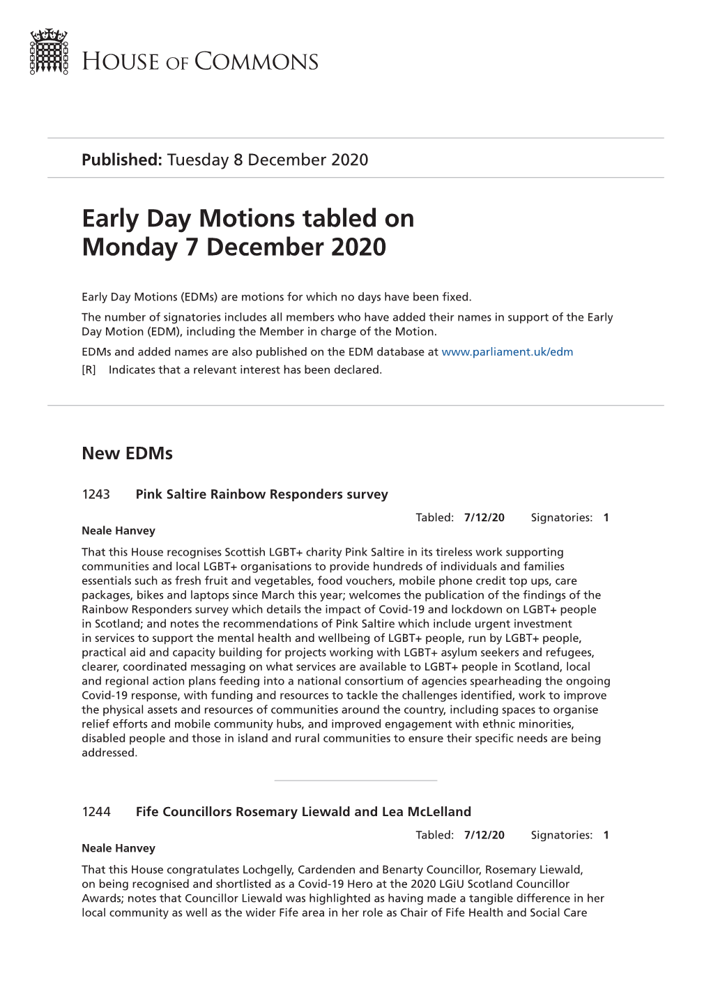 Early Day Motions Tabled on Monday 7 December 2020