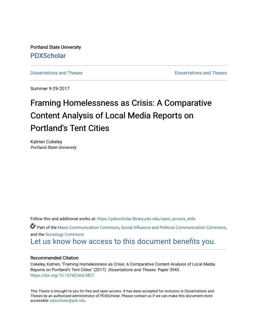 Framing Homelessness As Crisis: a Comparative Content Analysis of Local Media Reports on Portland's Tent Cities
