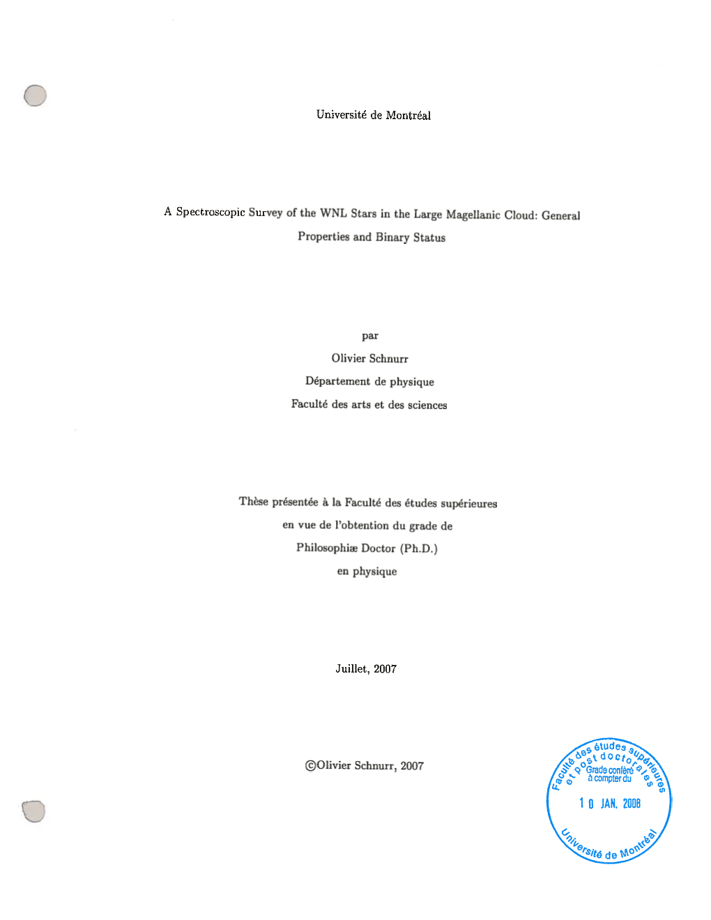 Université De Montréal a Spectroscopic Survey of the WNL