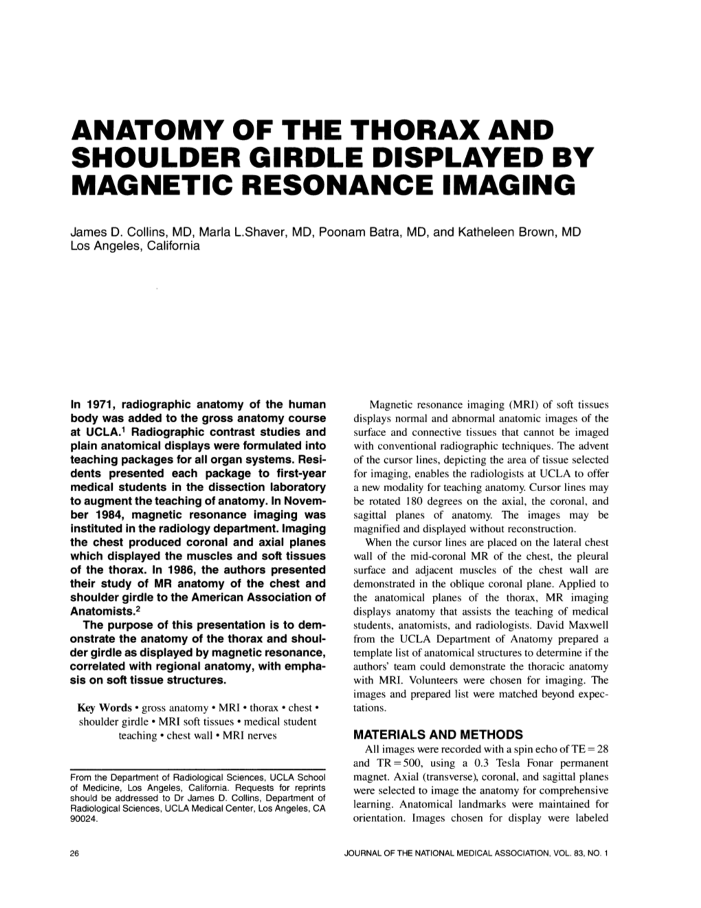 Anatomy of the Thorax and Shoulder Girdle Displayed by Magnetic Resonance Imaging