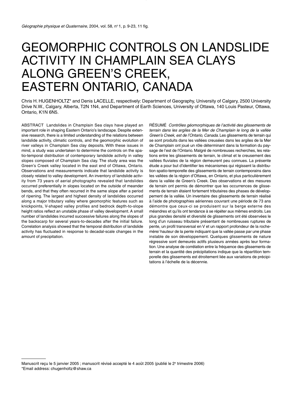 Geomorphic Controls on Landslide Activity in Champlain Sea Clays Along Green’S Creek, Eastern Ontario, Canada