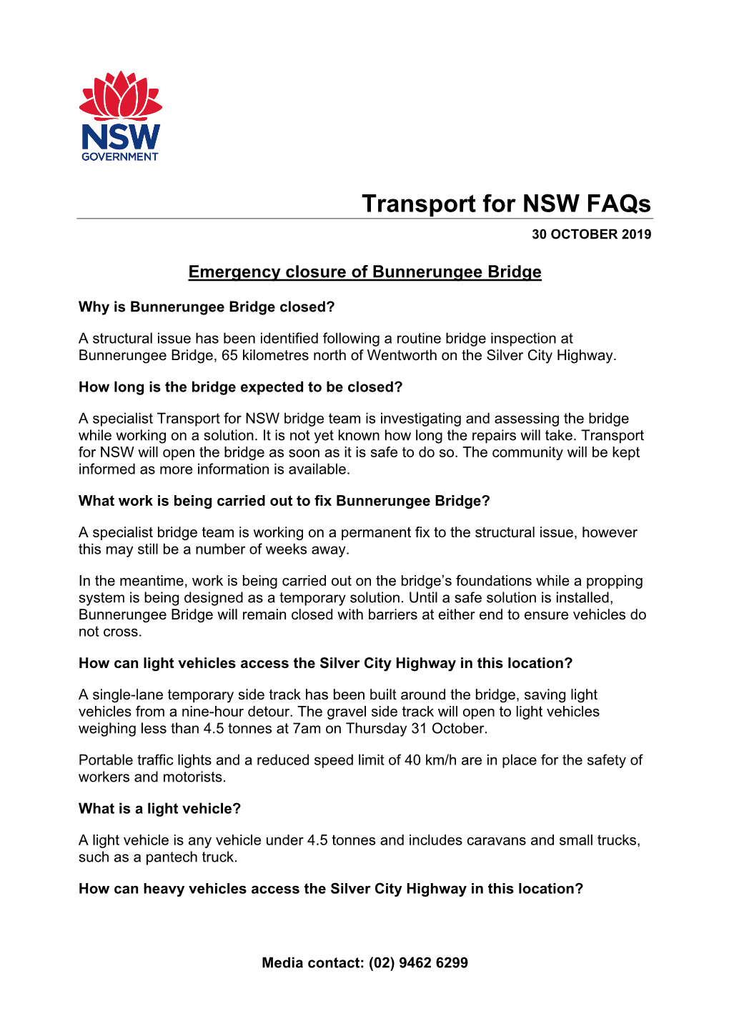 Emergency Closure of Bunnerungee Bridge