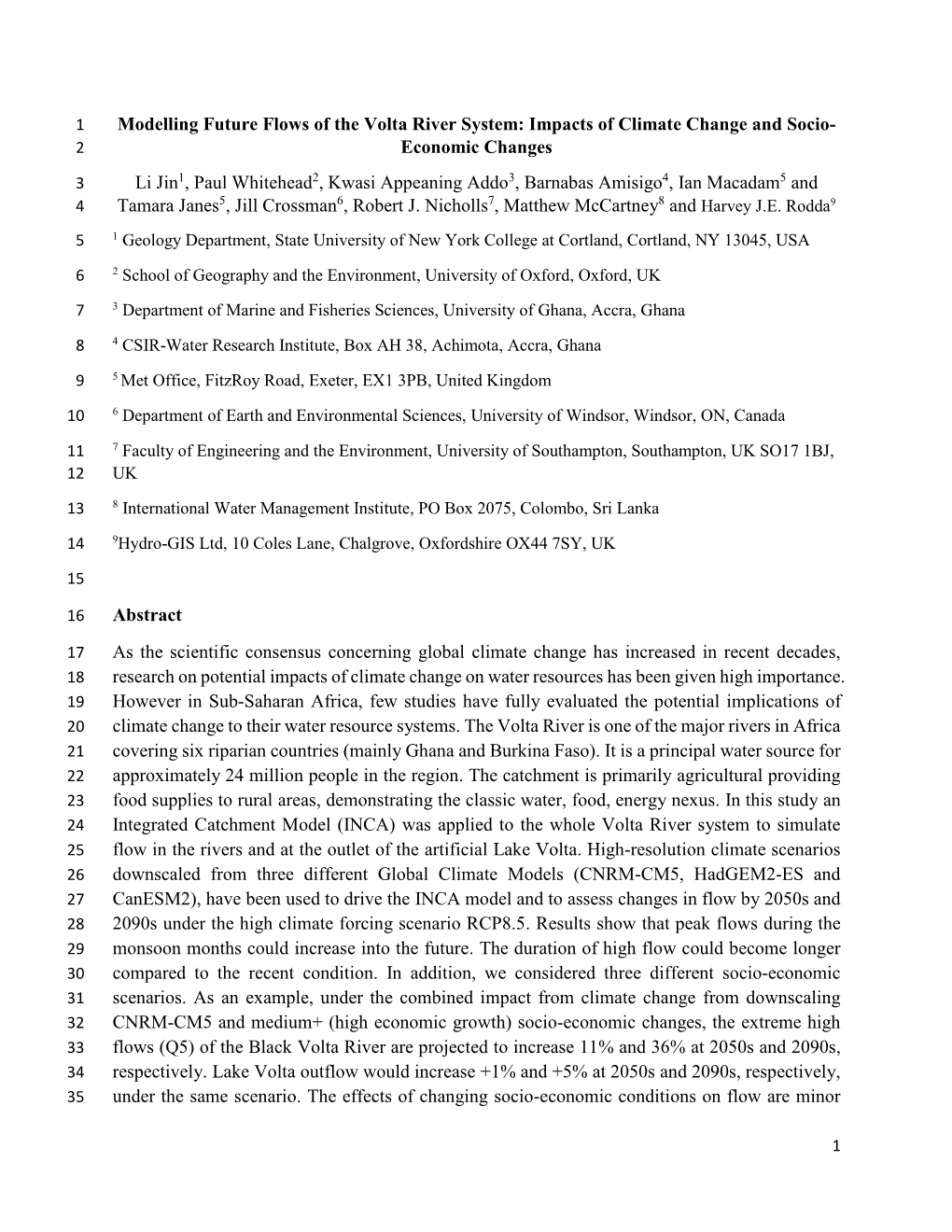 Modelling Future Flows of the Volta River System: Impacts of Climate Change and Socio- 2 Economic Changes