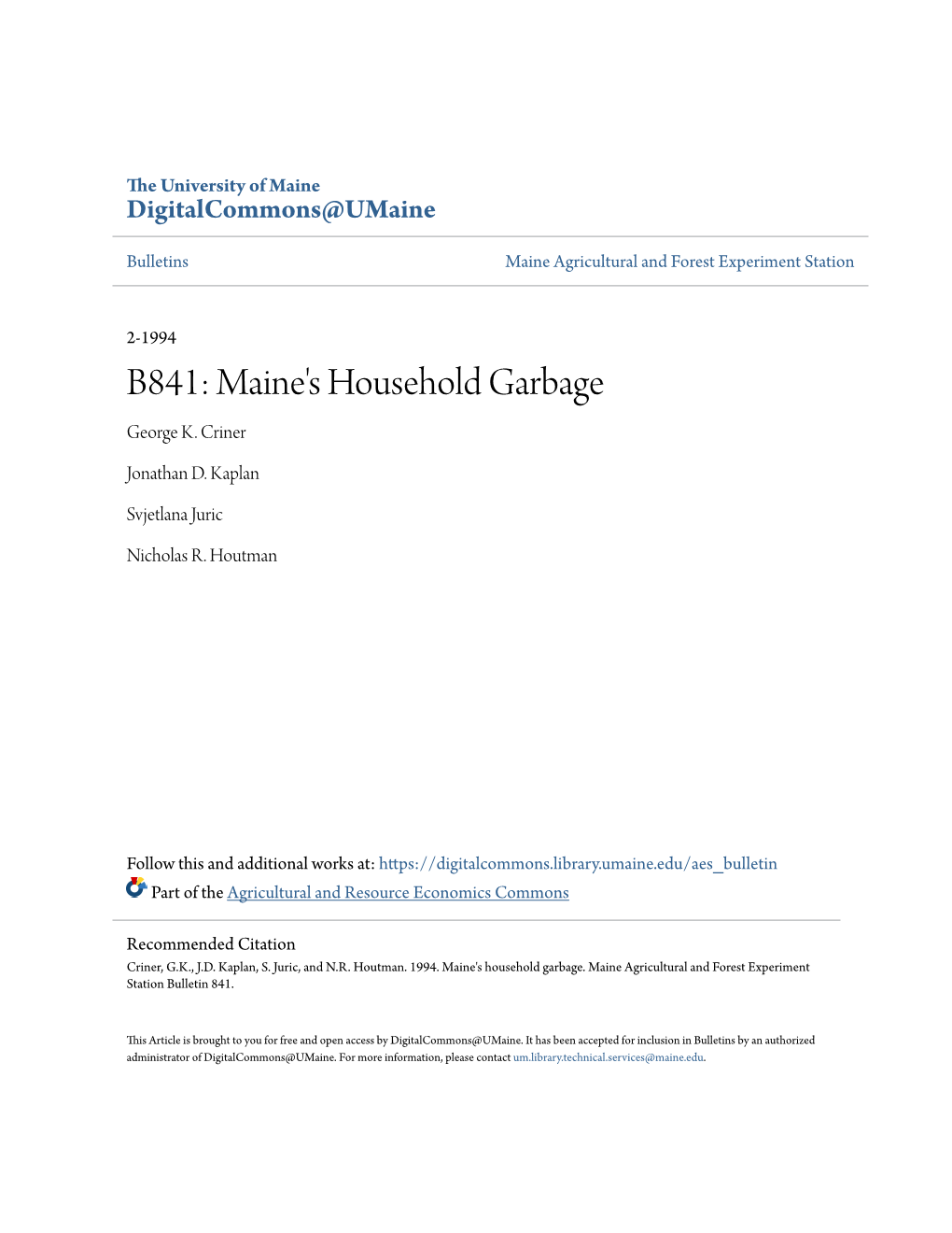 B841: Maine's Household Garbage George K