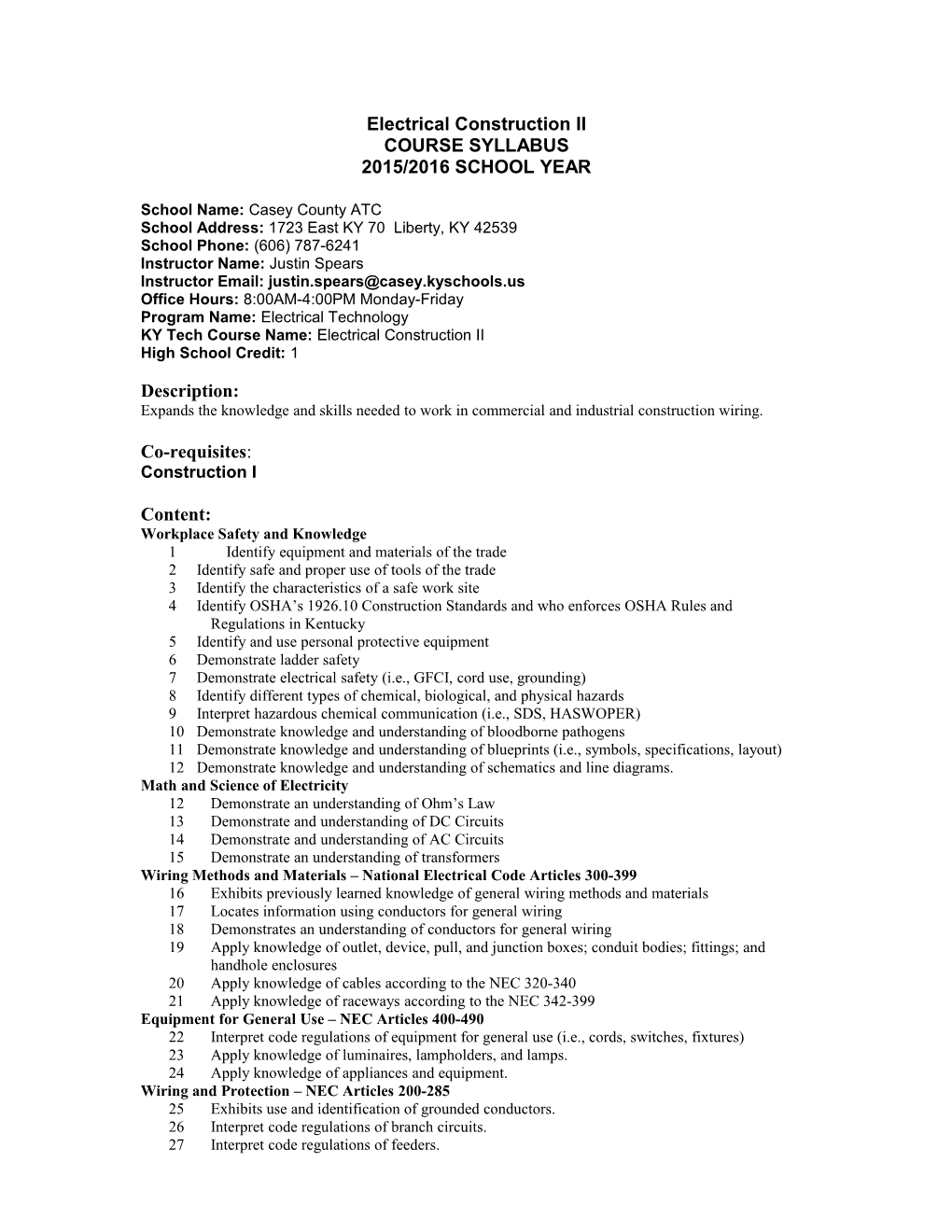 Electrical Motor Controls I EET-270/271 Syllabus s1