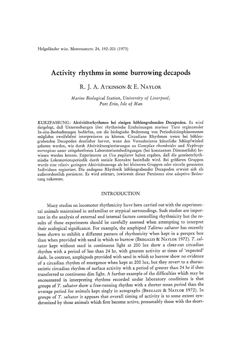 Activity Rhythms in Some Burrowing Decapods