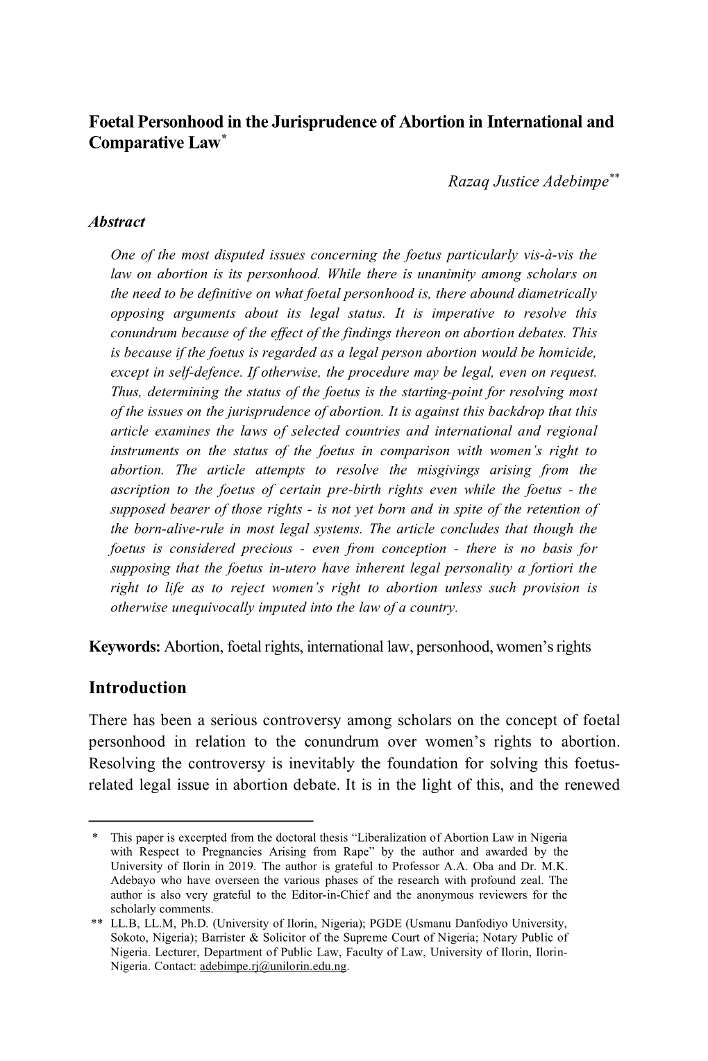 Foetal Personhood in the Jurisprudence of Abortion in International and Comparative Law*