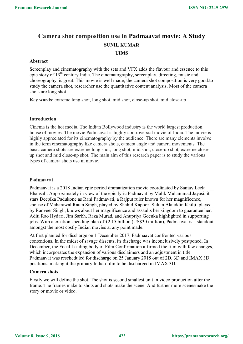 Camera Shot Composition Use in Padmaavat Movie: a Study