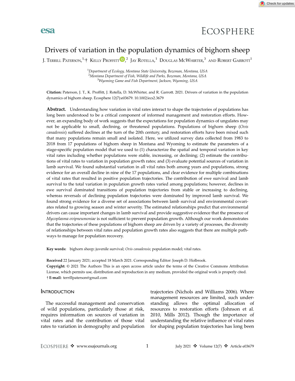 Drivers of Variation in the Population Dynamics of Bighorn Sheep 1, 2 1 3 1 J