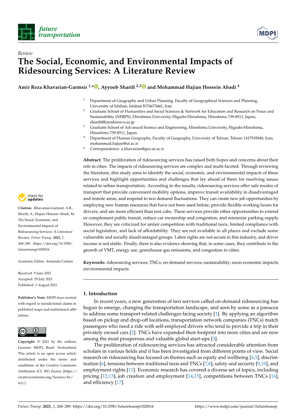 The Social, Economic, and Environmental Impacts of Ridesourcing Services: a Literature Review