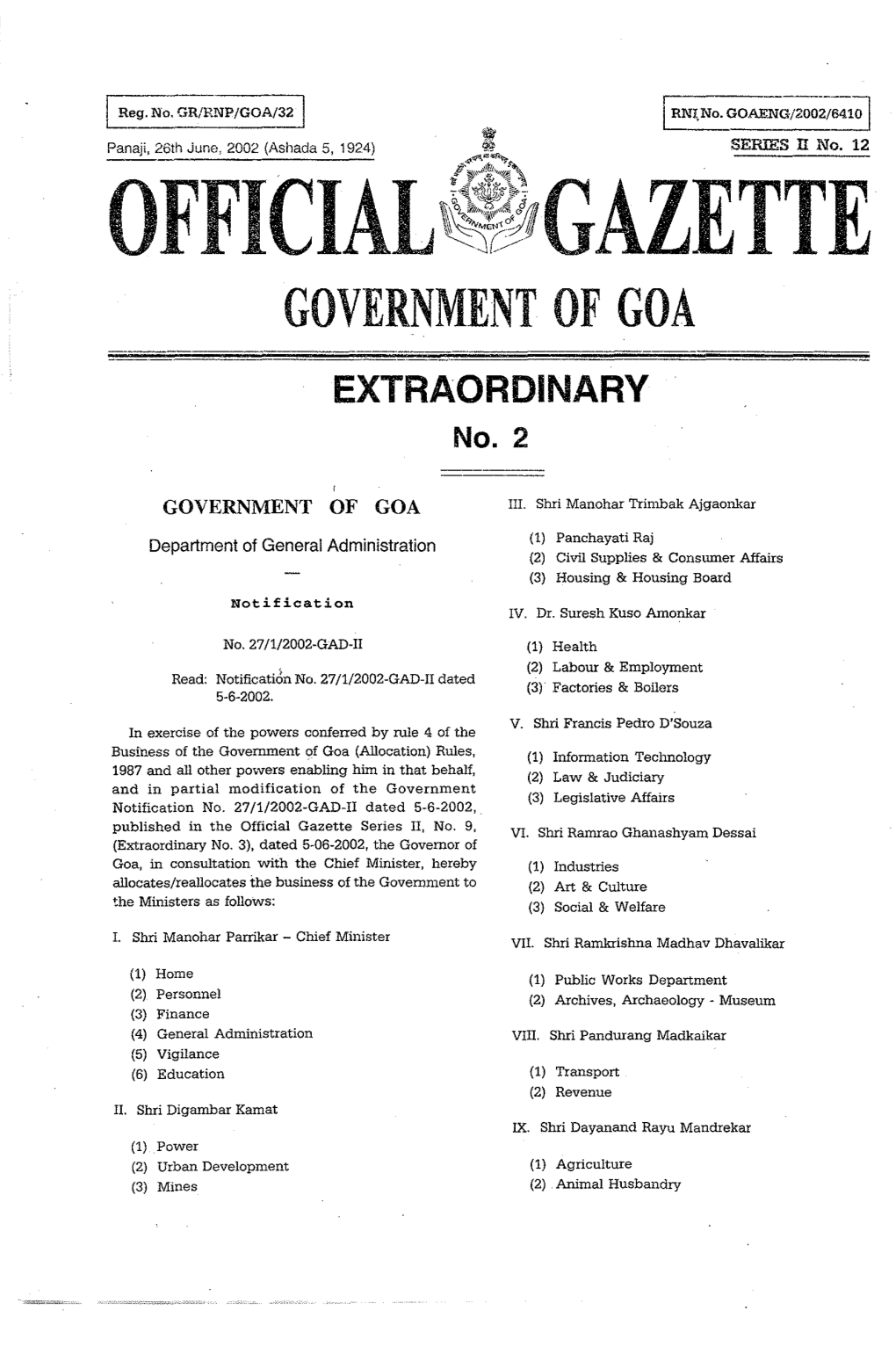 OFFICIAL ~(Ligazette GOVERNMENT of GOA