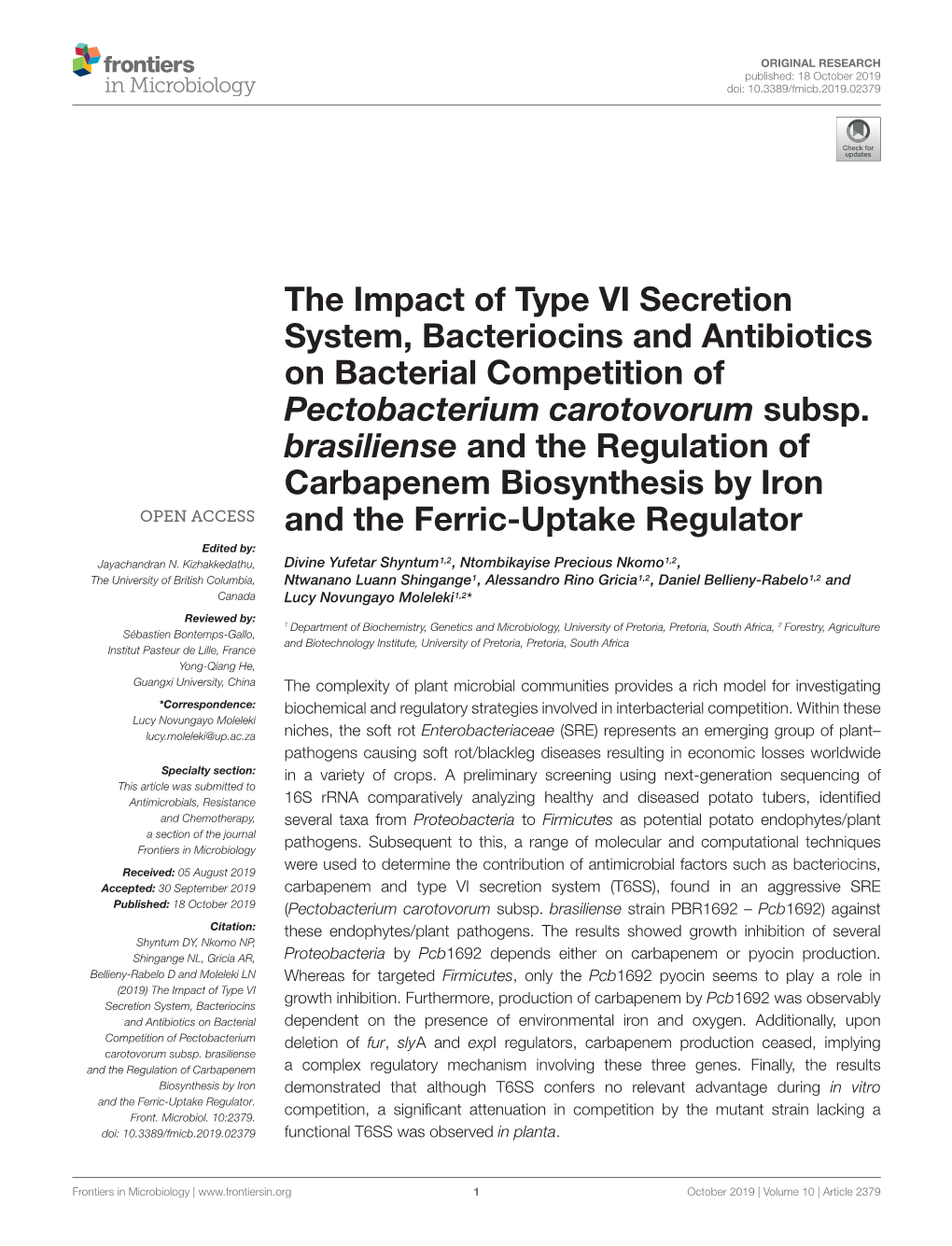 The Impact of Type VI Secretion System, Bacteriocins and Antibiotics on Bacterial Competition of Pectobacterium Carotovorum Subsp