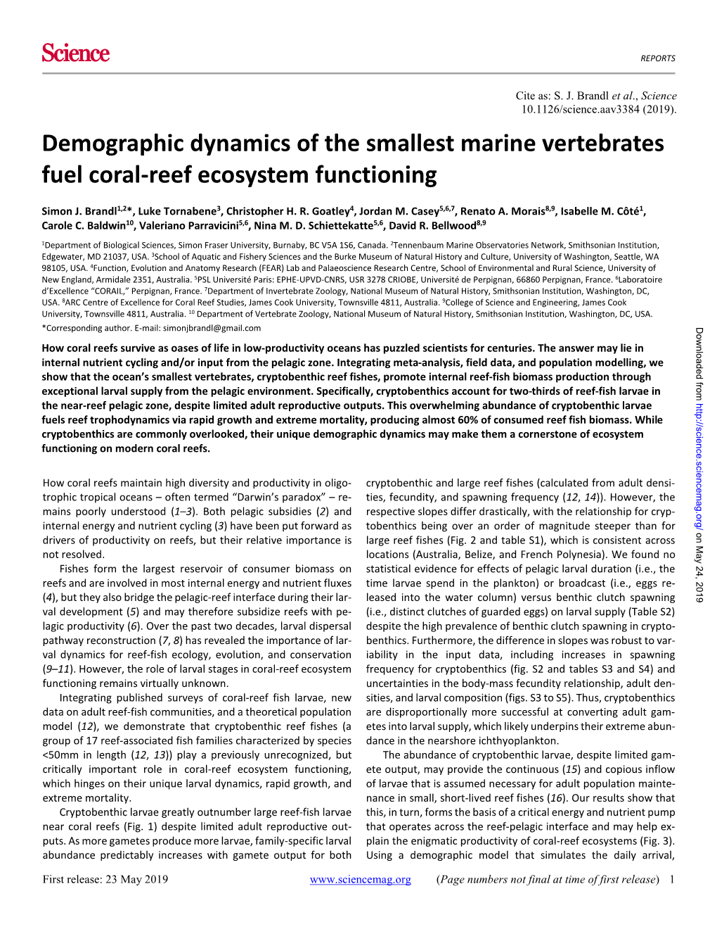 Demographic Dynamics of the Smallest Marine Vertebrates Fuel Coral-Reef Ecosystem Functioning