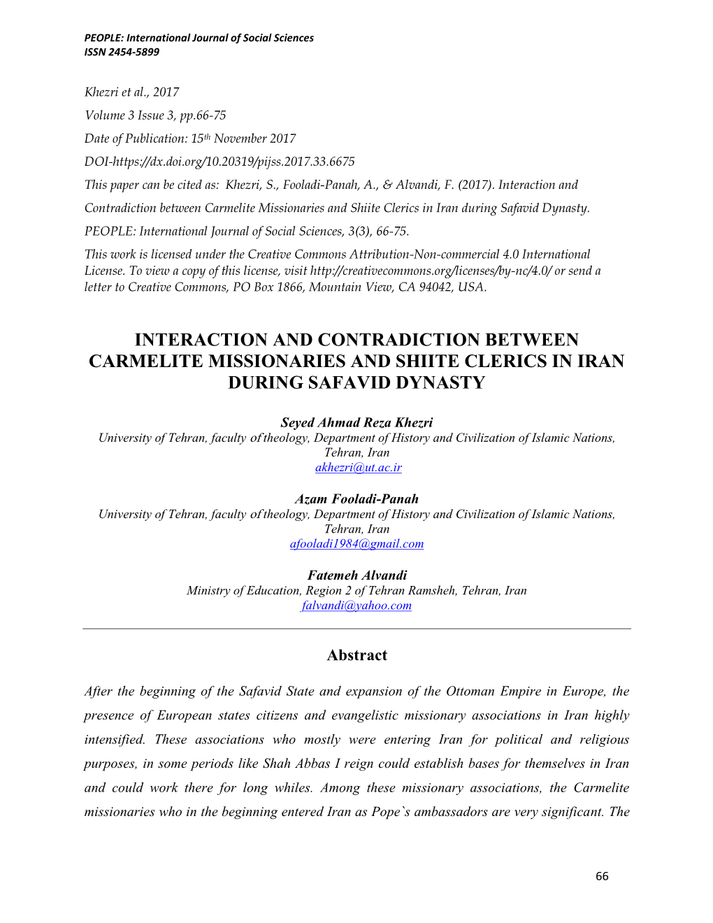 Interaction and Contradiction Between Carmelite Missionaries and Shiite Clerics in Iran During Safavid Dynasty