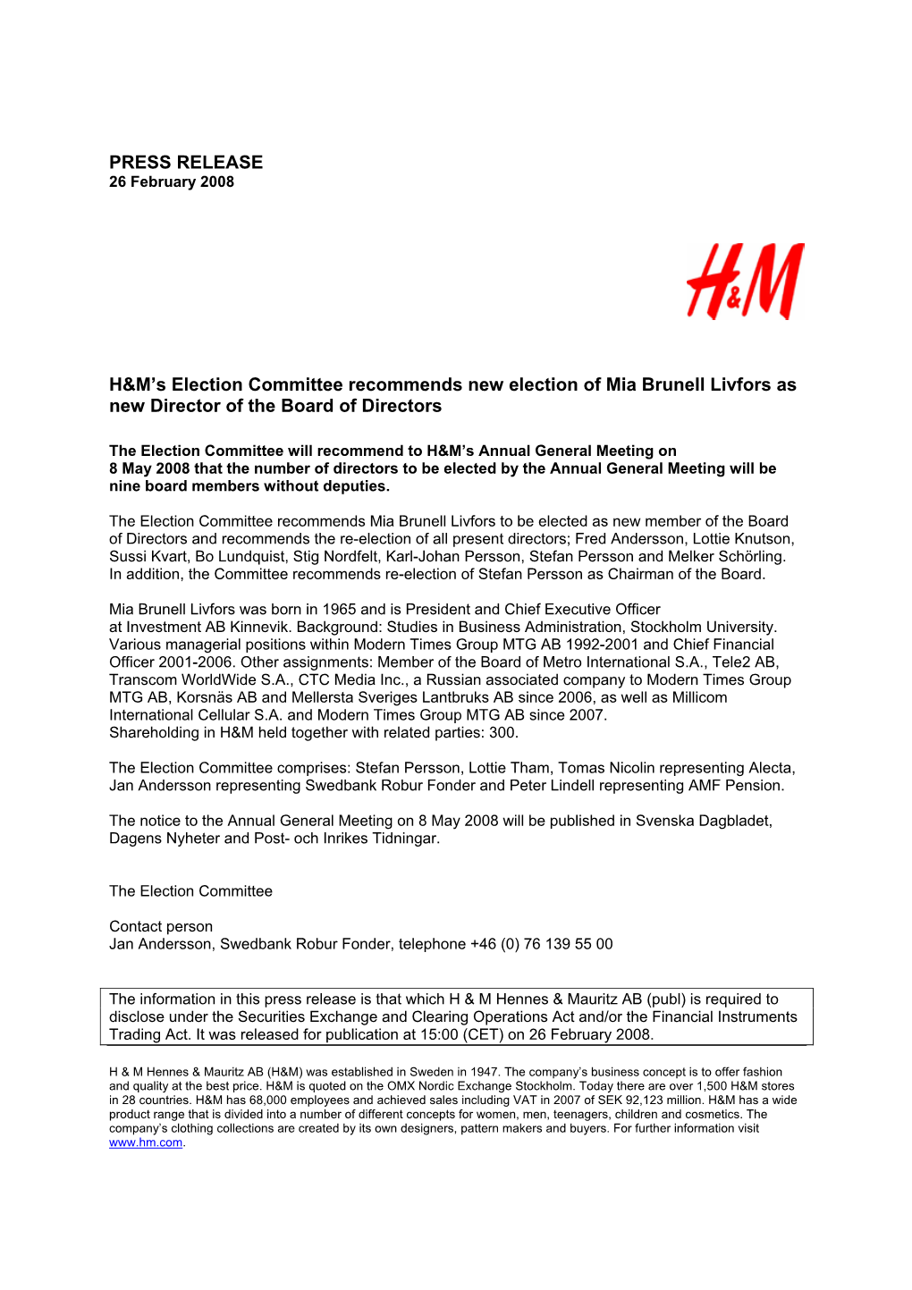 H&M's Election Committee Recommends New Election of Mia