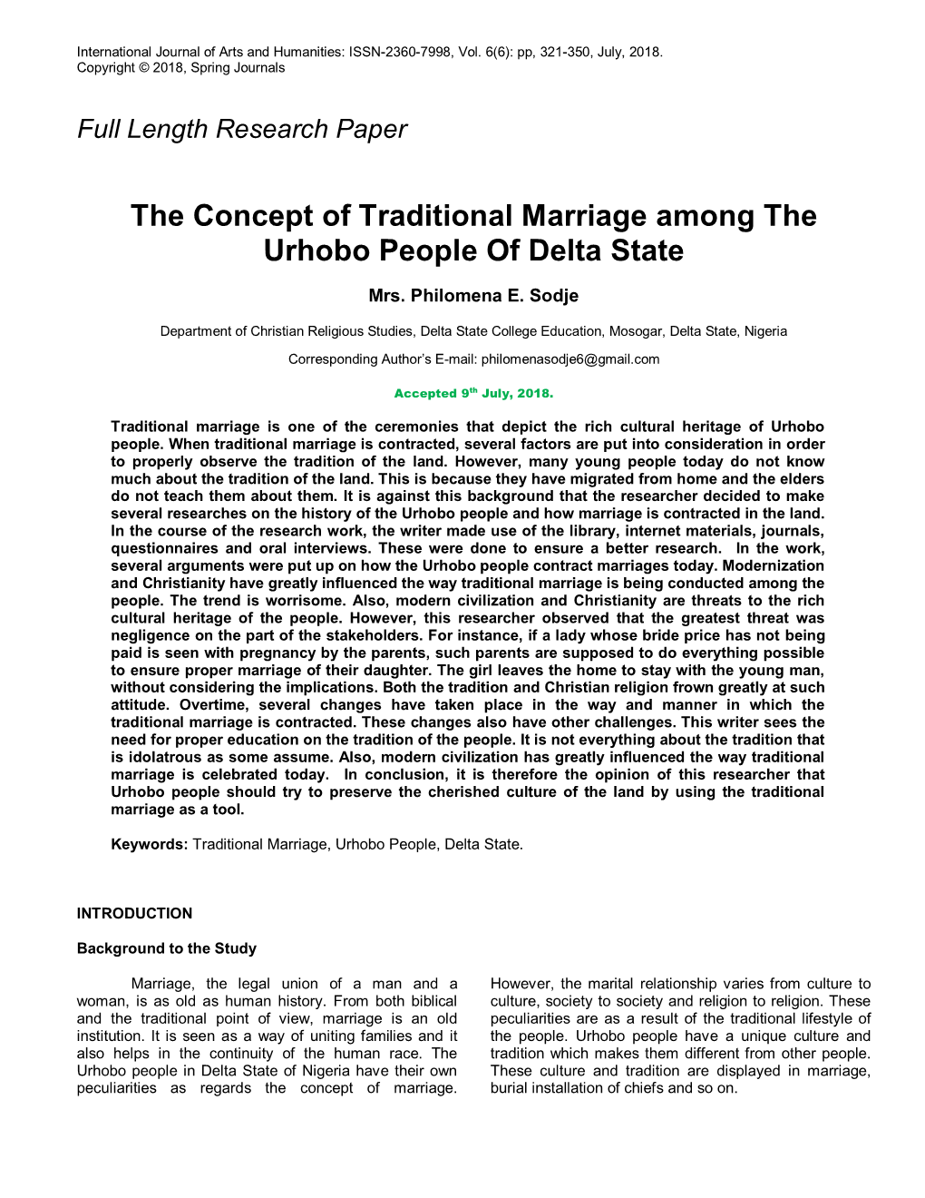 The Concept of Traditional Marriage Among the Urhobo People of Delta State