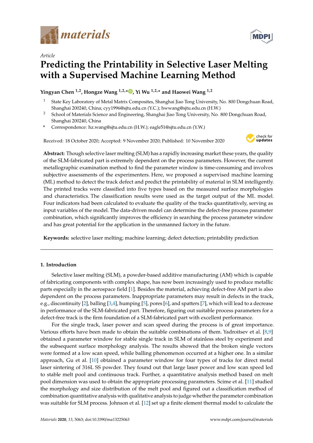 Predicting the Printability in Selective Laser Melting with a Supervised Machine Learning Method