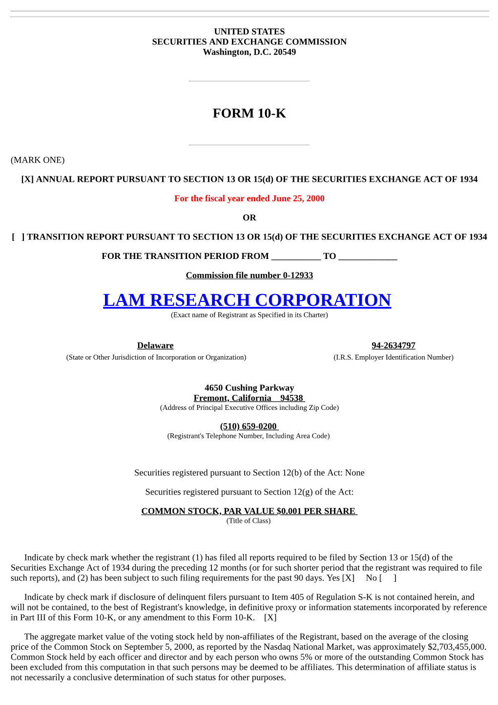 LAM RESEARCH CORPORATION (Exact Name of Registrant As Specified in Its Charter)