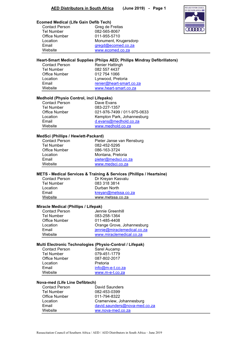 AED Distributors in South Africa (June 2019) - Page 1