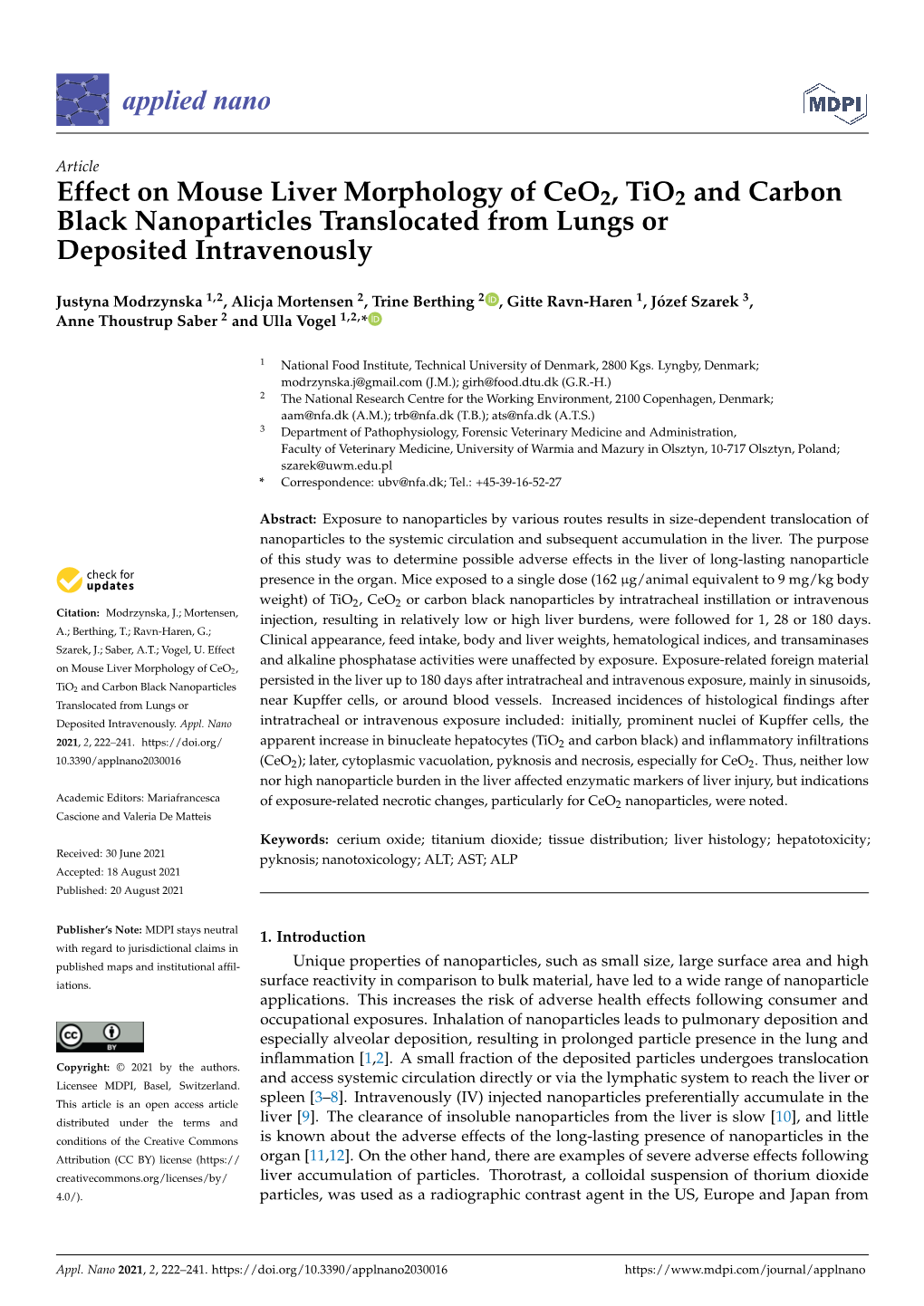 Effect on Mouse Liver Morphology of Ceo2, Tio2 and Carbon Black Nanoparticles Translocated from Lungs Or Deposited Intravenously