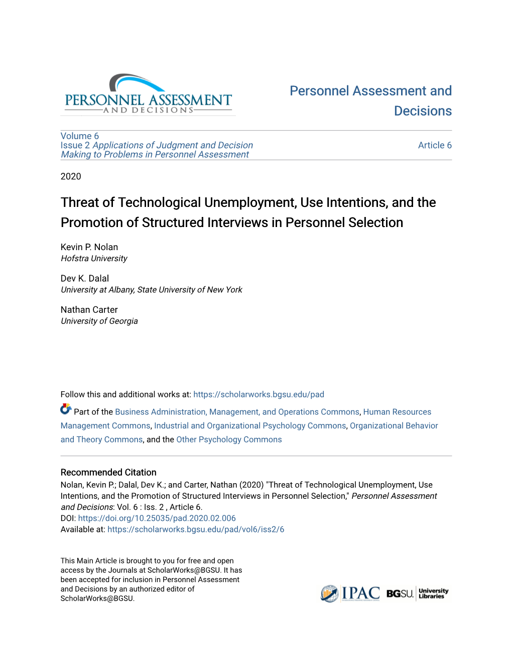 Threat of Technological Unemployment, Use Intentions, and the Promotion of Structured Interviews in Personnel Selection