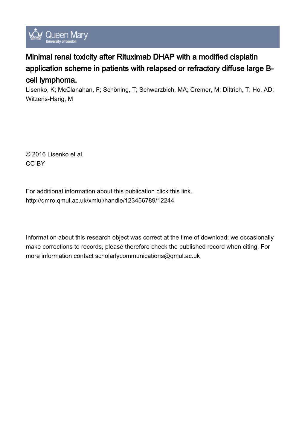 Minimal Renal Toxicity After Rituximab DHAP with a Modified Cisplatin Application Scheme in Patients with Relapsed Or Refractory Diffuse Large B- Cell Lymphoma