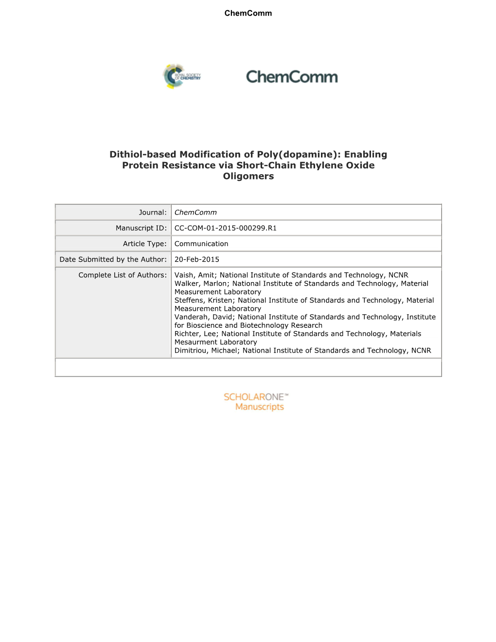 Dithiol-Based Modification of Poly(Dopamine): Enabling Protein Resistance Via Short-Chain Ethylene Cite This: DOI: 10.1039/X0xx00000x Oxide Oligomers