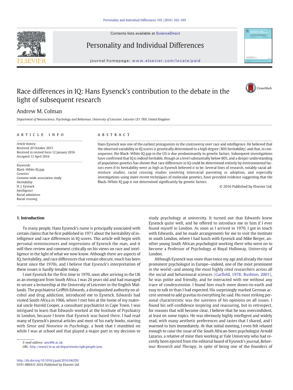 Race Differences in IQ: Hans Eysenck's Contribution to the Debate in the Light of Subsequent Research