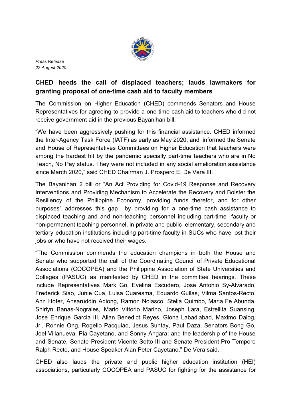 CHED Heeds the Call of Displaced Teachers; Lauds Lawmakers for Granting Proposal of One-Time Cash Aid to Faculty Members