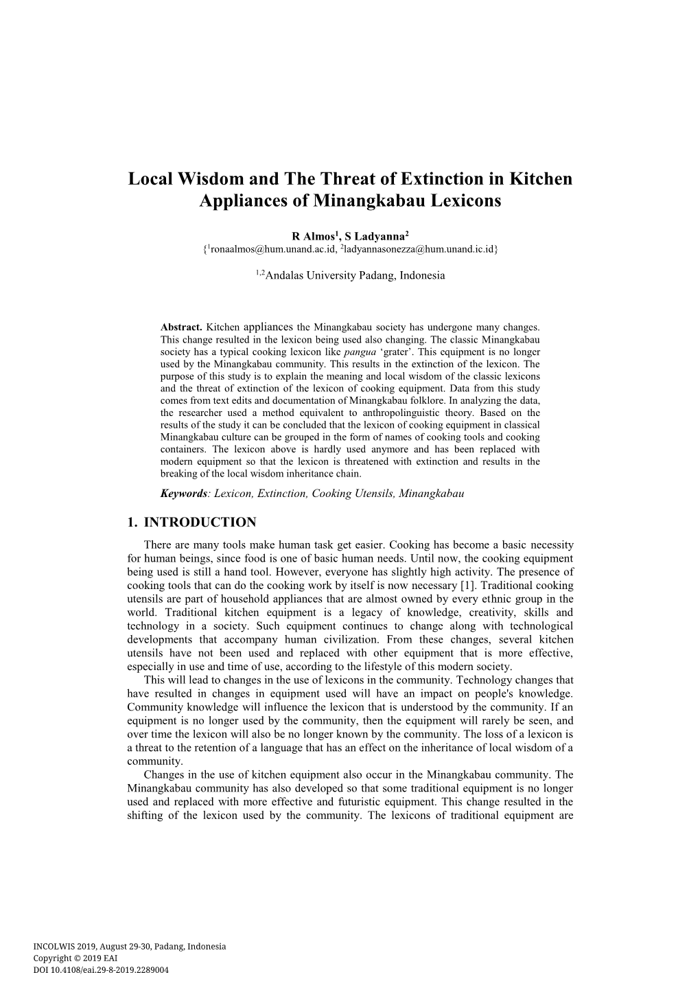 Local Wisdom and the Threat of Extinction in Kitchen Appliances of Minangkabau Lexicons