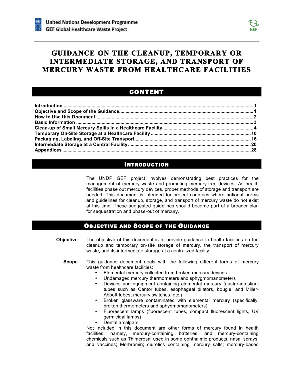 Guidance on Cleanup Storage and Transport of Mercury from Health