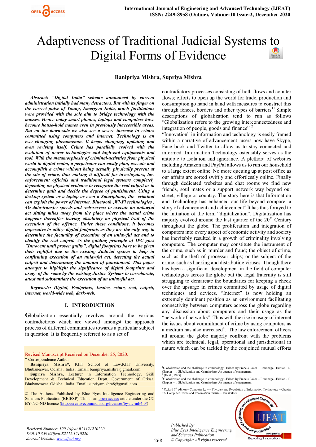 Adaptiveness of Traditional Judicial Systems to Digital Forms of Evidence