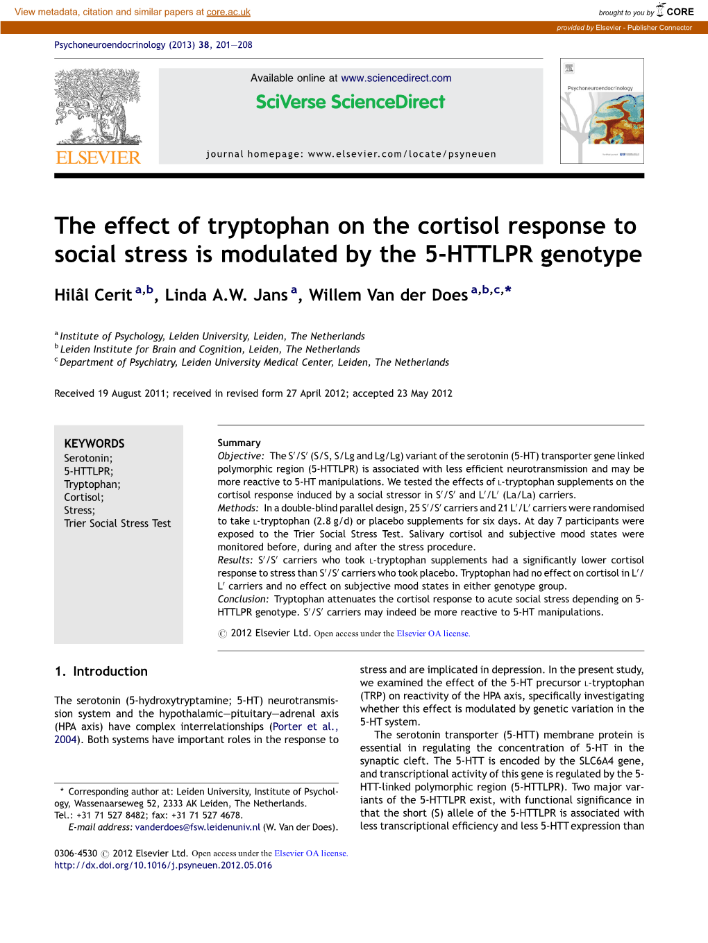 The Effect of Tryptophan on the Cortisol Response to Social Stress Is