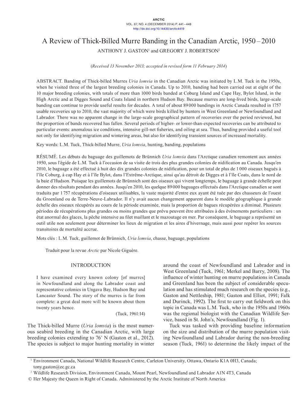 A Review of Thick-Billed Murre Banding in the Canadian Arctic, 1950 – 2010 ANTHONY J